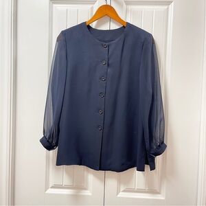 Vintage Button-Up Blouse with Sheer Sleeves Navy - M